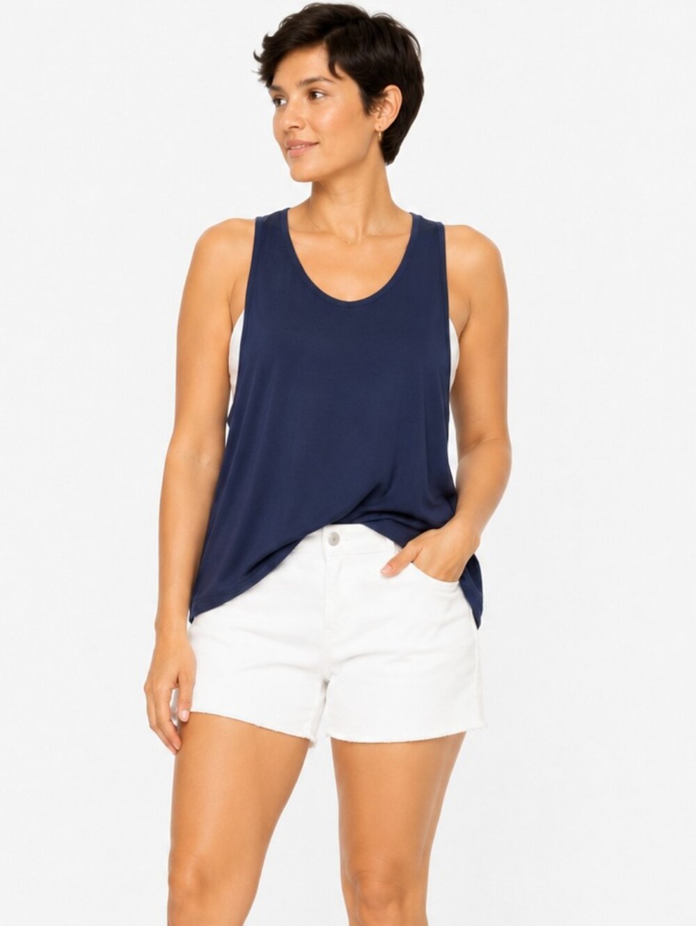 Rosio Navy Blue Sleeveless Tank Top Relaxed Fit Scoop Neck Casual Basic